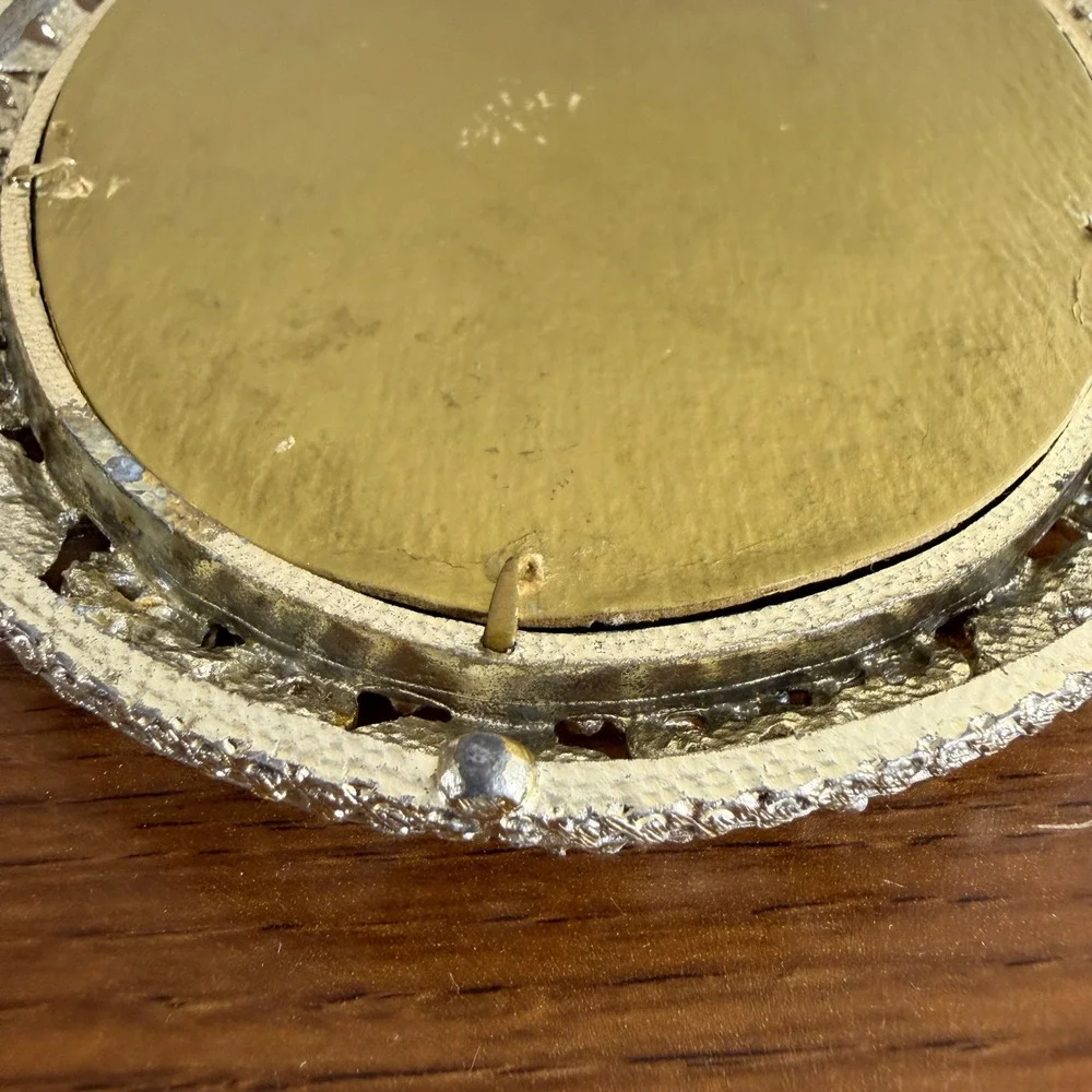 Vintage Ornate Oval Vanity Mirror Cast Metal Floral Filigree Hollywood Regency